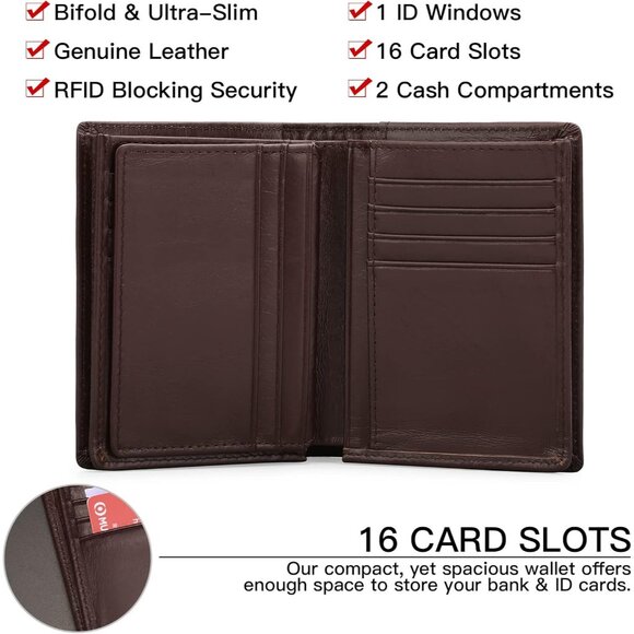 🆕Men Reddish Brown Leather RFID Bifold Wallet Large Capacity Credit Card Holder - Picture 4 of 6